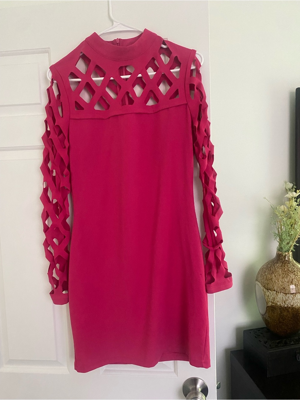 Hot Pink Long Sleeve Cutout Shift Dress
